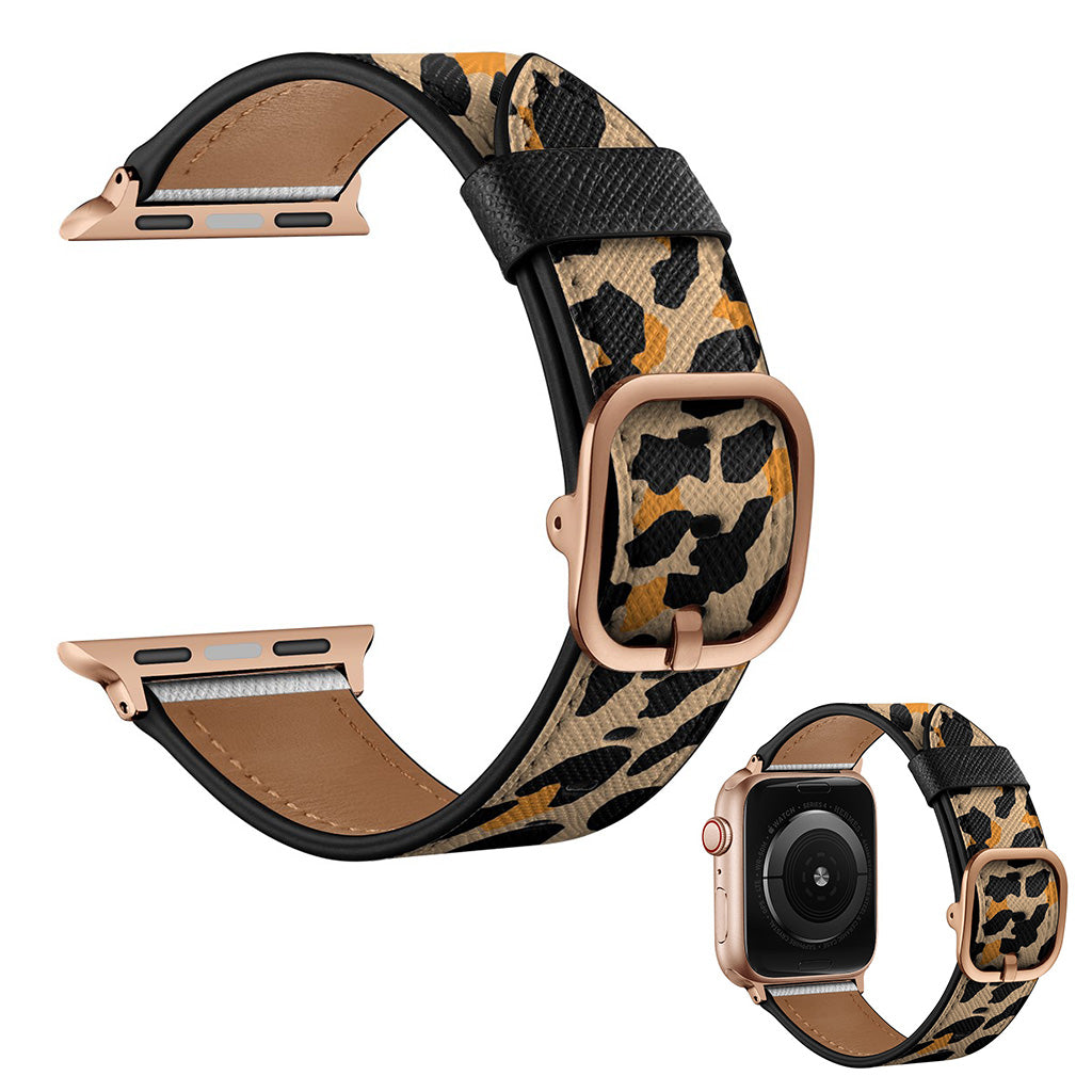 Correa de piel auténtica para Apple Watch Series 6 / 5 44 mm - Amarillo Con Estampado De Leopardo